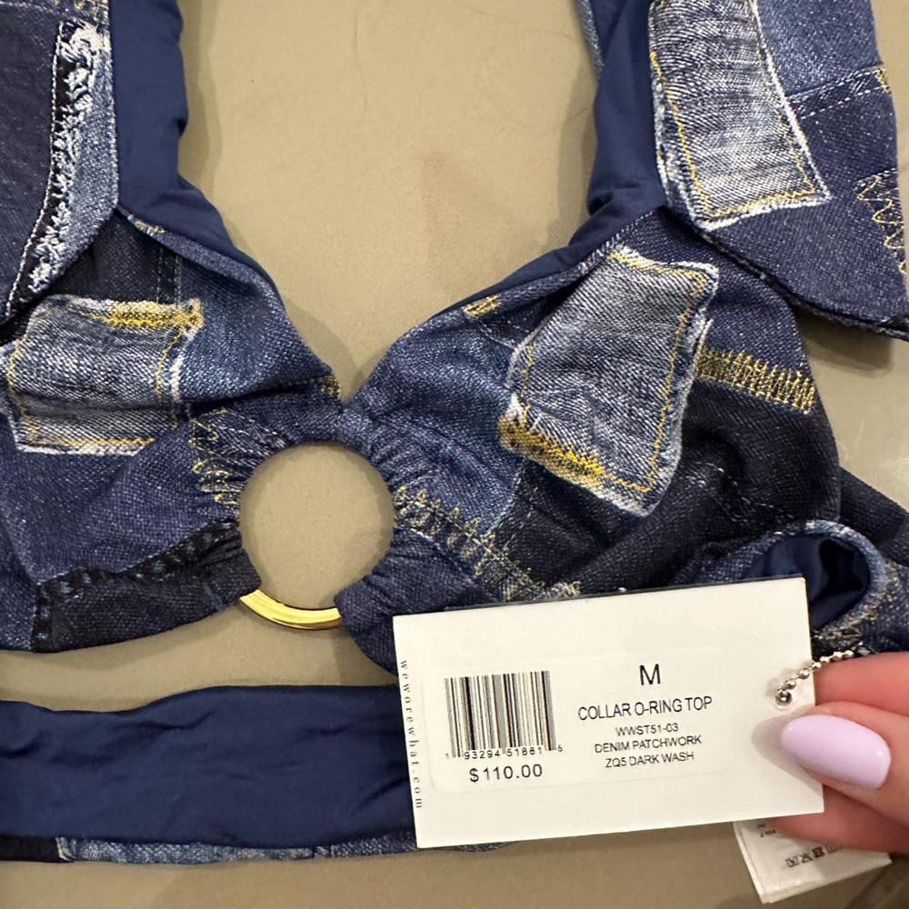 WeWoreWhat Patchwork Denim Halter Bathing Suit Top - Picture 3 of 3
